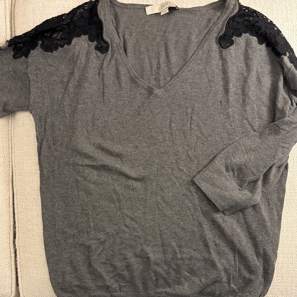 LOFT Gray lightweight sweater with lace detail